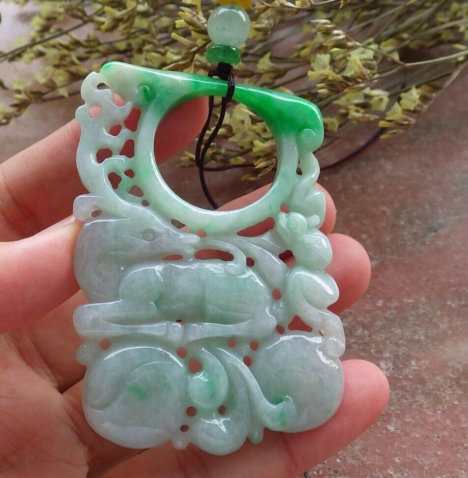 Certified Green Burma 100% Natural A Jade jadeite Pendant Deer Bat Peach Peach Necklace 梅花鹿 574040 TN