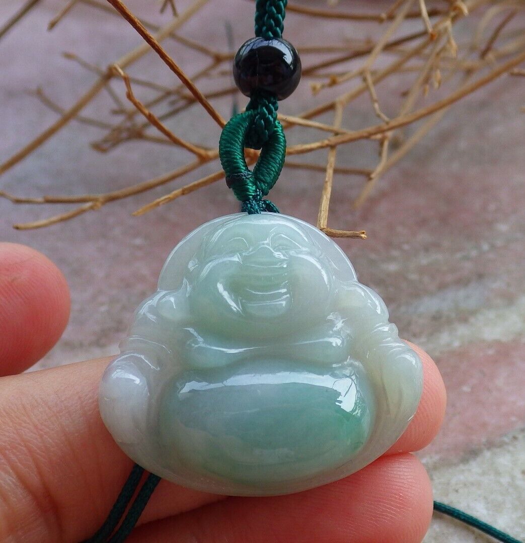 Certified Green 100% Natural A Jade jadeite pendant Happy Buddha God Necklace 开心佛 521028  TN