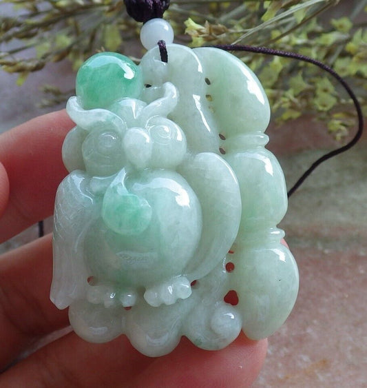 Certified Green Burma 100% Natural A Jade jadeite Pendant Owl Lotus Flower Necklace 猫头鹰 574260 TN