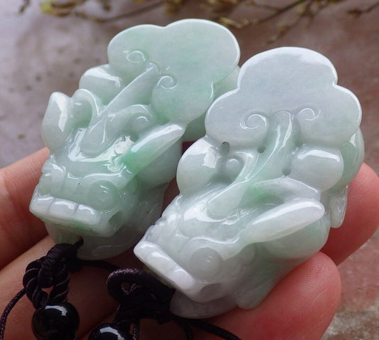 Pair Certified Green Burma 100% Natural A Jade jadeite Pendant Dragon Pi Xiu Money Coin Ruyi Necklace 风水貔貅 574573 TN