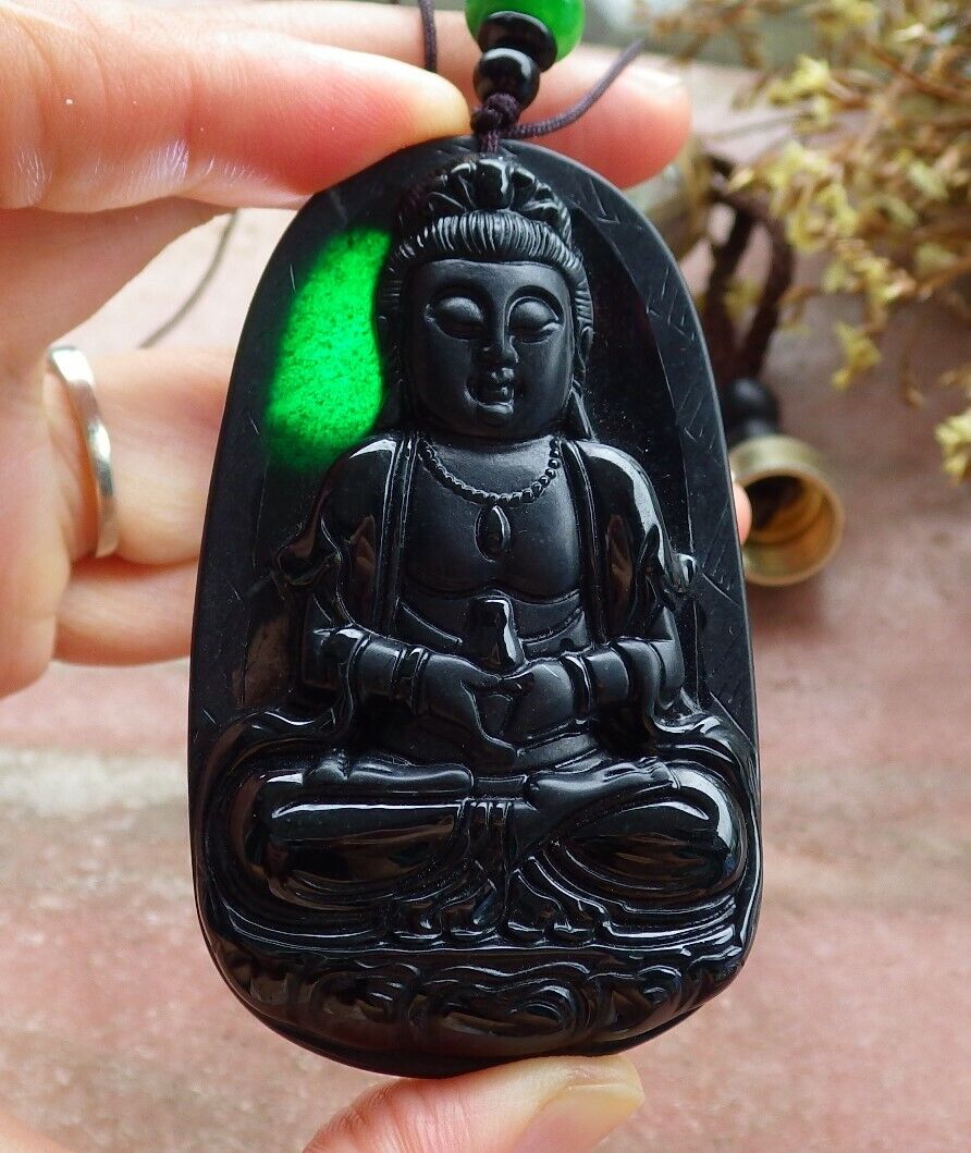 Certified Green Black 100% Natural A Jade jadeite pendant Guanyin Kwan Yin Lotus Flower Necklace 墨翠 观音 525065  TN