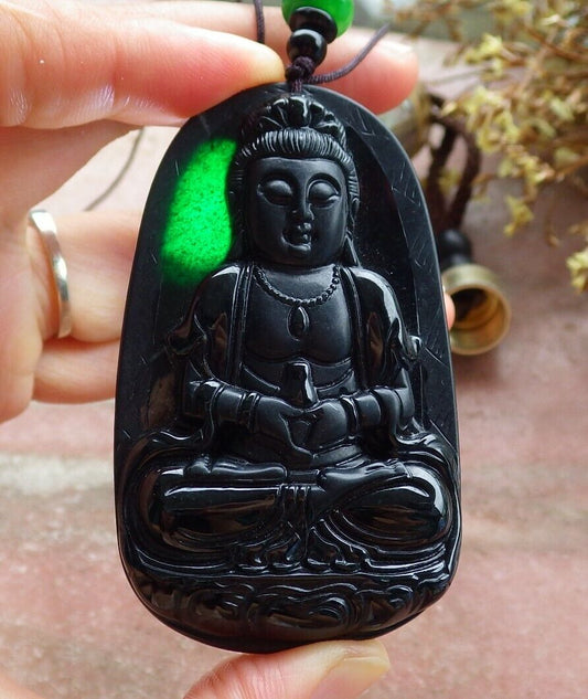 Certified Green Black 100% Natural A Jade jadeite pendant Guanyin Kwan Yin Lotus Flower Necklace 墨翠 观音 525065  TN