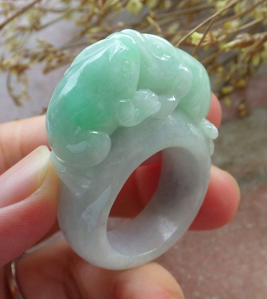 Certified Green Burma 100% Natural A JADE Jadeite Frog Toad Money Coin RING USA. 12.5 戒指 575539 TN