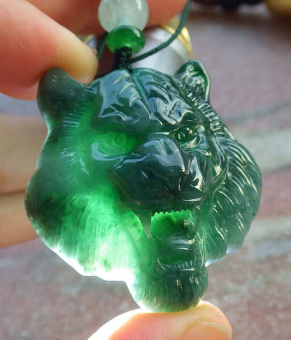 Certified Icy Green Burma 100% Natural A Jade jadeite Pendant Tiger Head Necklace 虎虎生威 634320  TN