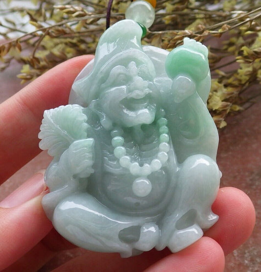 Certified Green Burma 100% Natural A Jade jadeite pendant Happy Ji Kung Buddha God Fan Gourd Necklace 济公 574070 TN