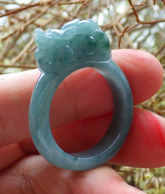 Certified Icy Green 100% Natural A JADE Jadeite Dragon Pi Xiu RING USA. 8.75 戒指 523800  TN