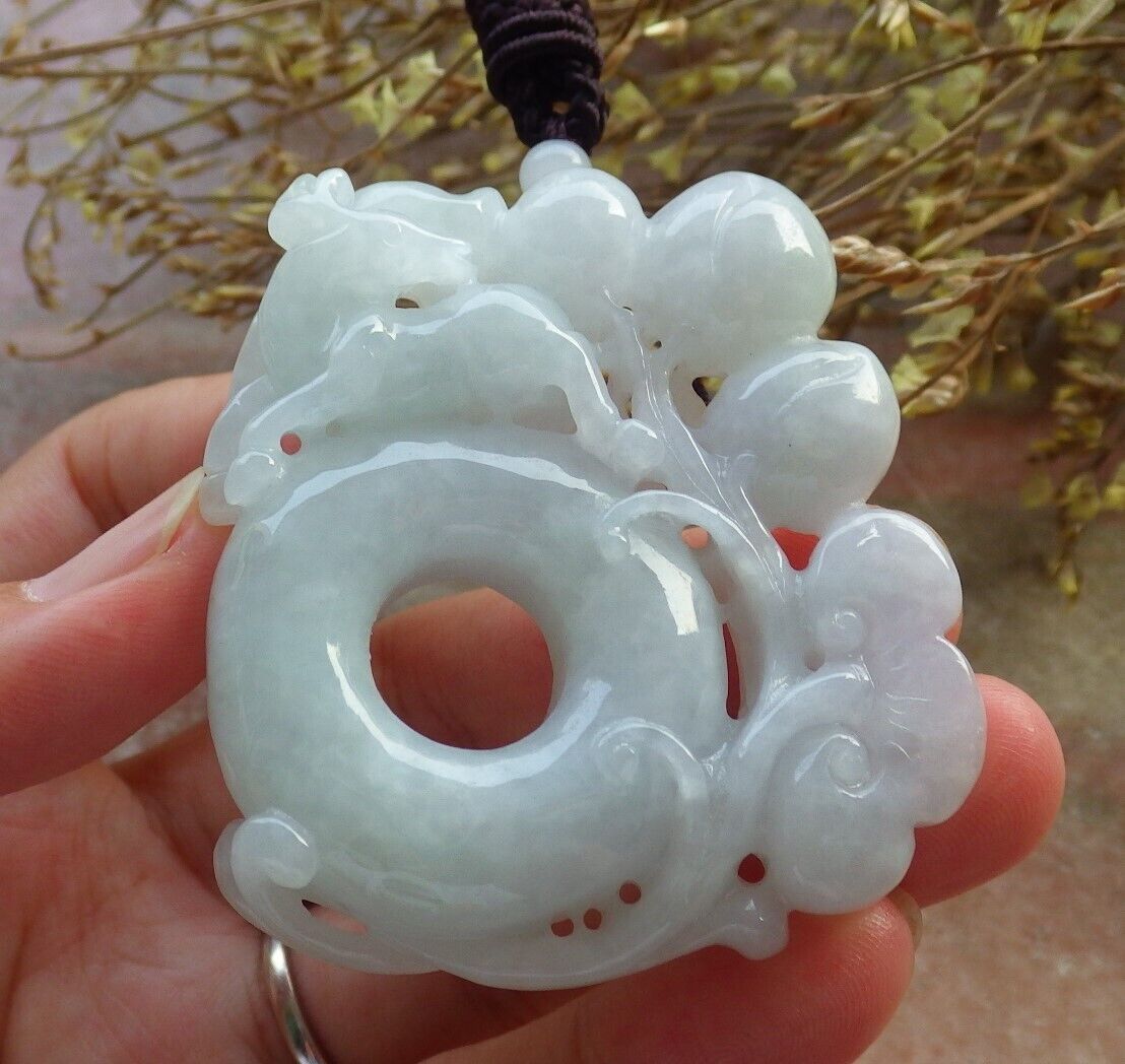 Certified Green Pale Lavender Burma 100% Natural A Jade jadeite Pendant  Deer Peach Ruyi Circle Coin Necklace 梅花鹿 575515 TN