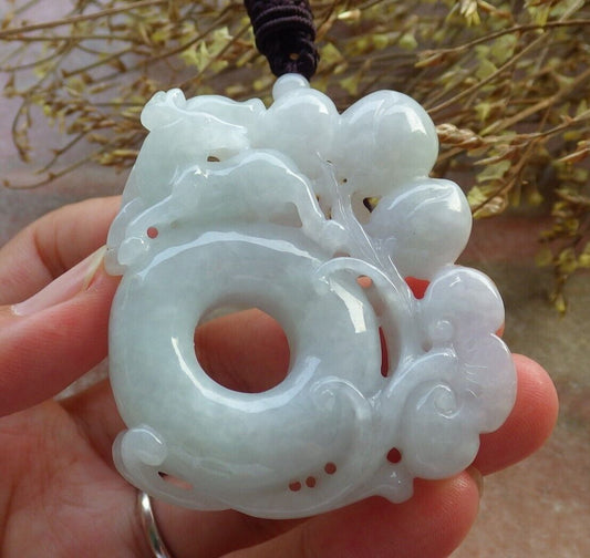 Certified Green Pale Lavender Burma 100% Natural A Jade jadeite Pendant  Deer Peach Ruyi Circle Coin Necklace 梅花鹿 575515 TN