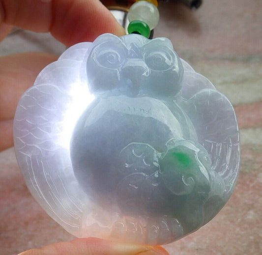Certified Lavender Green Burma 100% Natural A Jade jadeite Pendant Owl Peach Necklace 猫头鹰 636180  TN