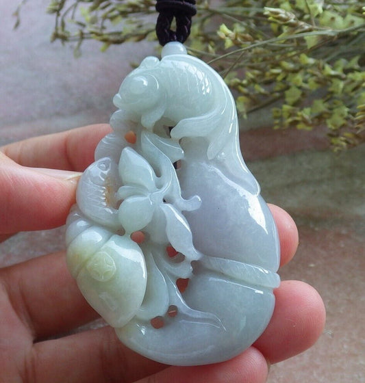 Certified Green Burma 100% Natural A Jade jadeite Pendant Fish Sea Shell Lotus Flower Necklace 574225 TN
