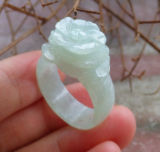 Certified Green 100% Natural A JADE Jadeite Rose Flower RING USA. 9 花戒指 528471  TN
