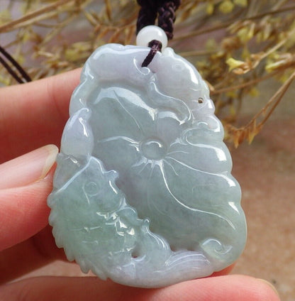 Certified Green Pale Lavender Burma 100% Natural A Jade jadeite Pendant Fish Lotus Leaf Necklace 年年有余 575361 TN