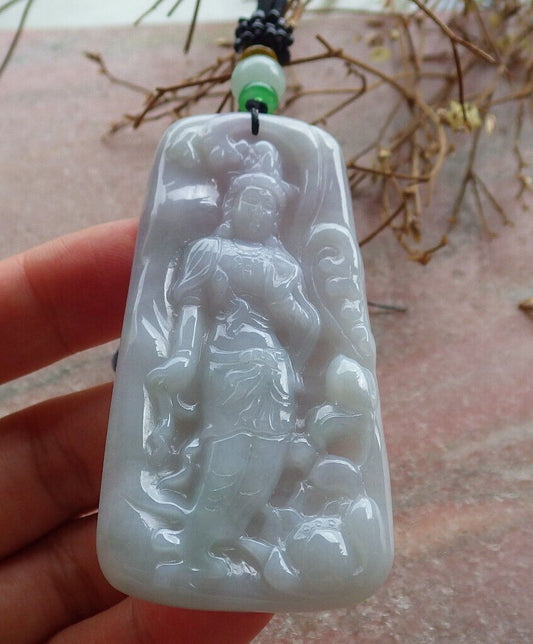 Certified Lavender Green Burma 100% Natural A Jade jadeite Pendant Guanyin Kwan Yin Lotus Flower Necklace 观音 635366  TN
