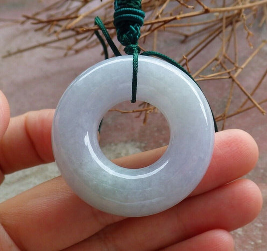 Certified Green Pale Lavender Burma 100% Natural A Jade jadeite Pendant Circle Donut Necklace 平安扣 525552  TN