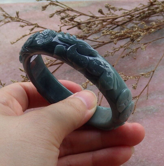 Certified Green Burma 100% Natural A JADE Jadeite Deer Lotus Flower Ruyi Coin Bangle Bracelet 56 mm 手镯 563759  TN