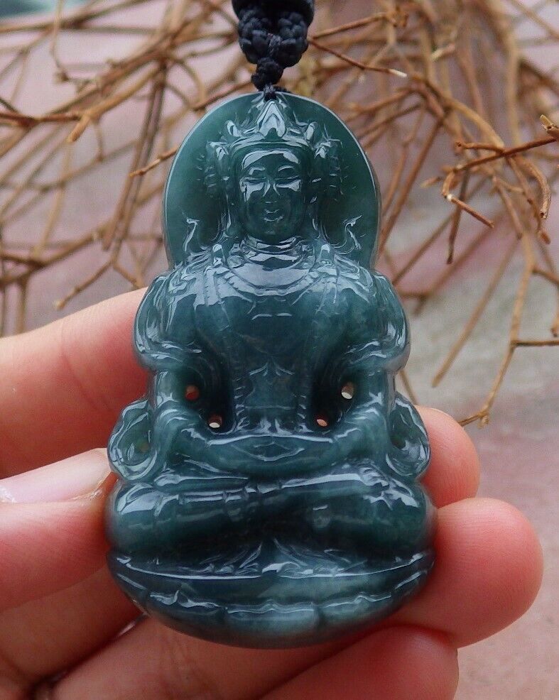 Certified Green 100% Natural A Jade jadeite Pendant Guanyin Kwan Yin Lotus Flower Necklace 观音 528251  TN