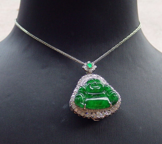 Icy Green Silver 925 Certified Burma 100% Natural A JADE Jadeite pendant Happy Buddha God Necklace 佛公 635249  TN