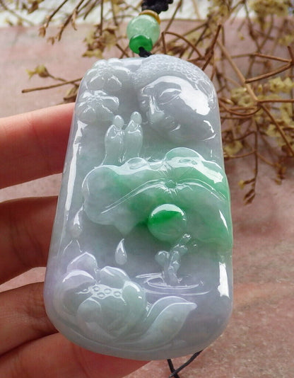 Certified Green Pale Lavender Burma 100% Natural A Jade jadeite pendant Sakyamuni Buddha God Lotus Flower Leaf Necklace 释迦牟尼 633589  TN