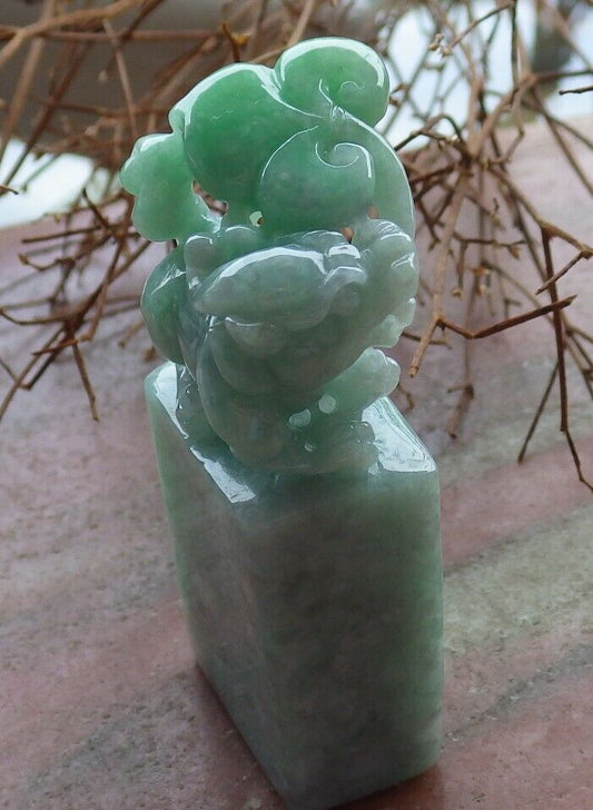 Certified Green 100% Natural A Jade jadeite Display Dragon Pi Xiu Lotus Flower Ruyi Chop Seal 印章 528326  TN