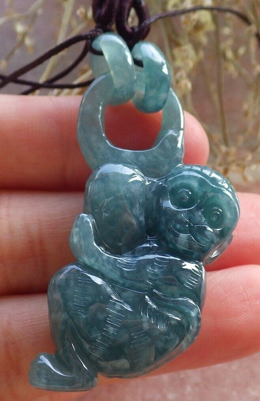 Certified Icy Green Burma 100% Natural A Jade jadeite Pendant Monkey Peach W Ring 猴子 645763 TN