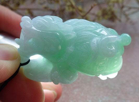 Certified Green Burma 100% Natural A Jade jadeite Pendant Dragon Turtle Snake Coin Necklace 龙龟 632936  TN