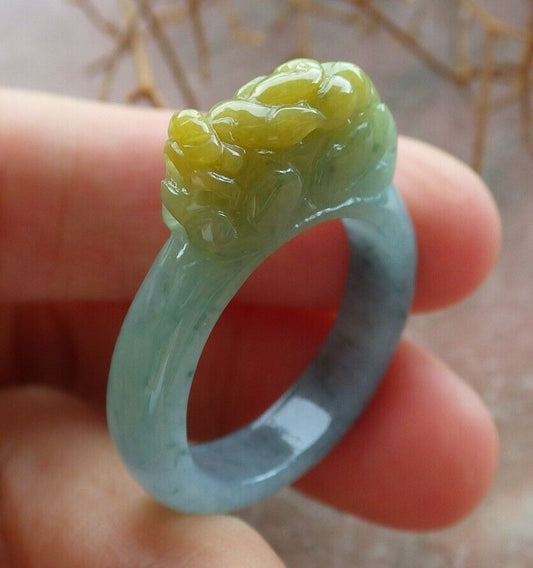 Certified Icy Yellow Green 100% Natural A JADE Jadeite Dragon Pi Xiu RING USA. 9.25 戒指 523559  TN
