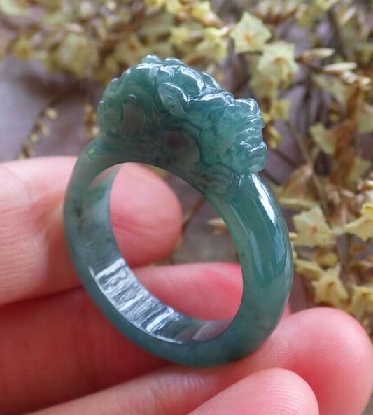 Certified Icy Green 100% Natural A JADE Jadeite Dragon Pi Xiu RING USA. 8.75 戒指 523807  TN