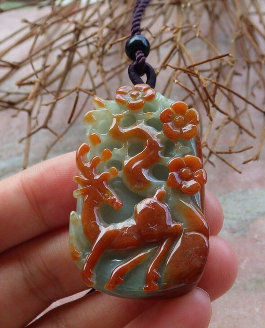 Certified Red Green 100% Natural A Jade jadeite Pendant Deer Flower Necklace 梅花鹿 529589  TN