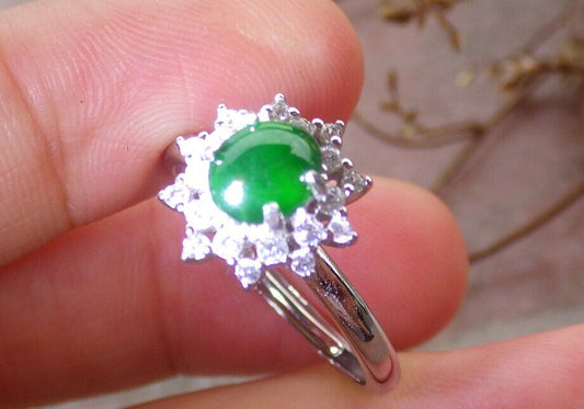 Certified Icy Green silver 0.925 Burma 100% Natural A JADE Jadeite Cabochon RING USA 7.75 戒指 635512  TN