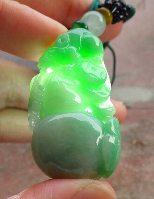 Certified Green Burma 100% Natural A Jade jadeite Pendant Mouse Rat Coin Ruyi Gourd Necklace 发财鼠 633909  TN