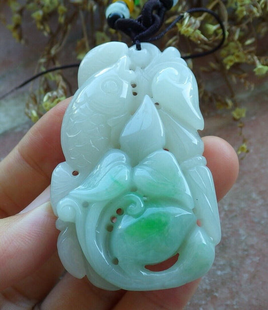 Certified Green 100% Natural A Jade jadeite Pendant Fish Lotus Flower Ruyi Coin Necklace 年年有余  529799   TN