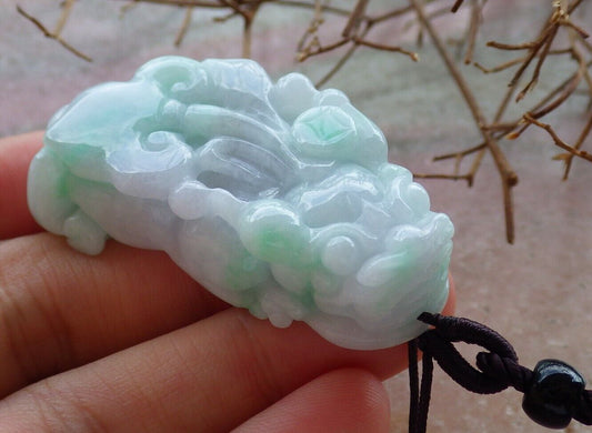 Certified Green Pale Lavender 100% Natural A Jade jadeite Pendant Dragon Pi Xiu Money Coin Ruyi Necklace 风水貔貅 529417 TN
