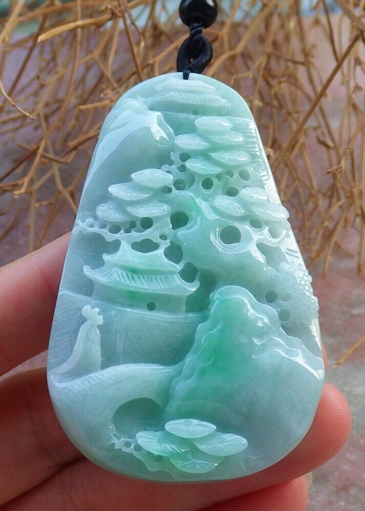 Certified Green 100% Natural A Jade jadeite Landscape painting Tree Necklace Necklace 山水画 519550  TN