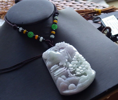 Certified Lavender Green Burma 100% Natural A Jade jadeite Landscape painting Tree Necklace 山水画 525690  TN