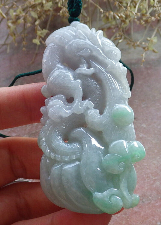 Certified Green Pale Lavender Burma 100% Natural A Jade jadeite Pendant Dragon Ruyi Coin Necklace 生意兴隆 646733 TN