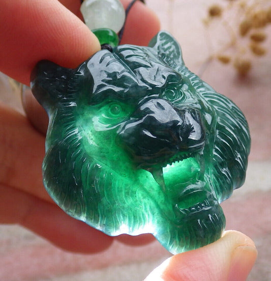 Certified Icy Green Burma 100% Natural A Jade jadeite Pendant Tiger Head Necklace 虎虎生威 636150  TN