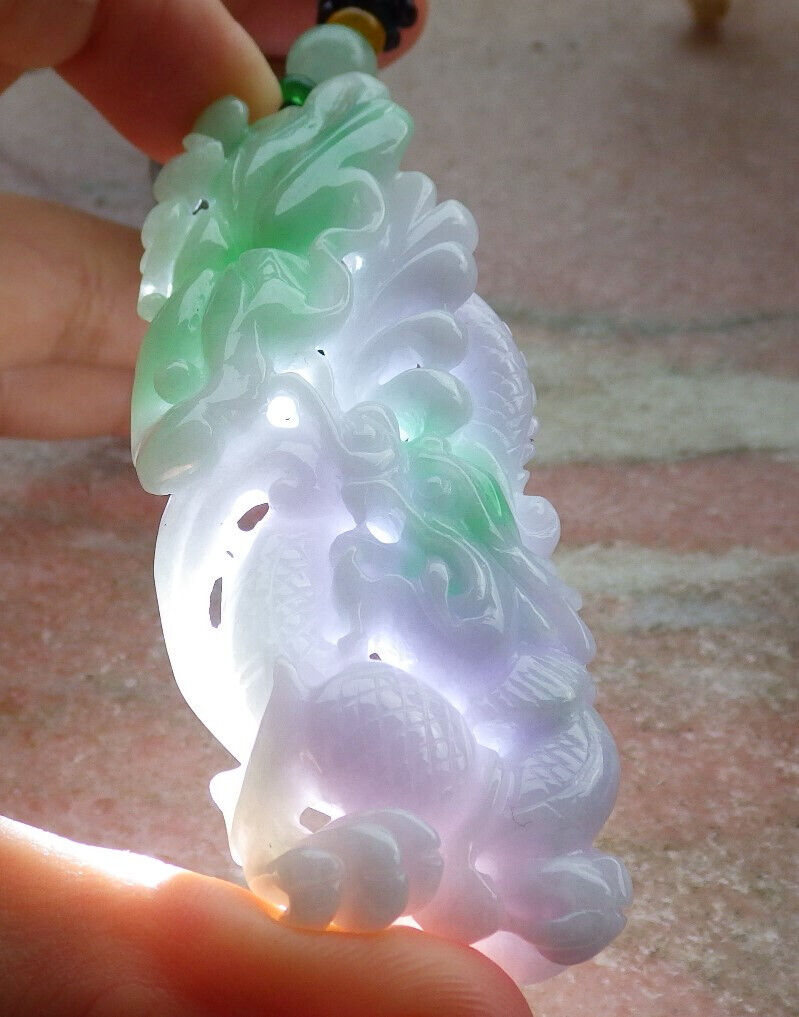 Certified Lavender Green Burma 100% Natural A Jade jadeite Pendant  Dragon Bat Lotus Leaf Necklacde 生意兴隆 636213  TN