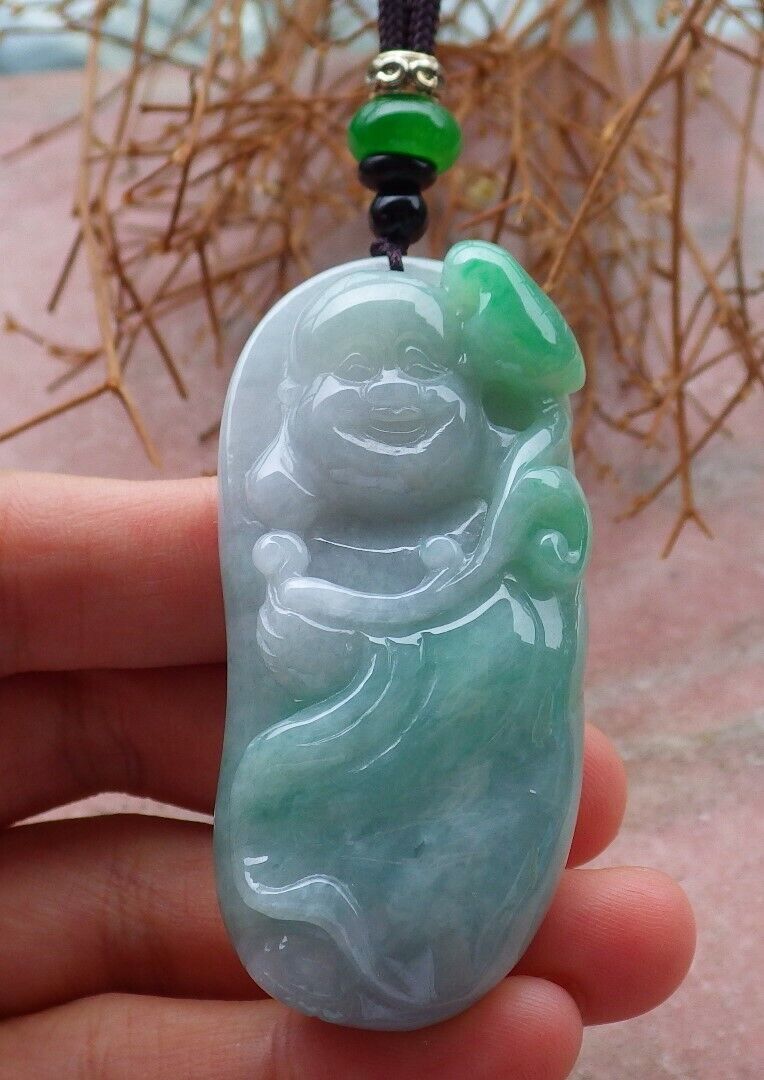 Certified Green 100% Natural A Jade jadeite pendant Happy Buddha God Necklace 开心佛 521299  TN
