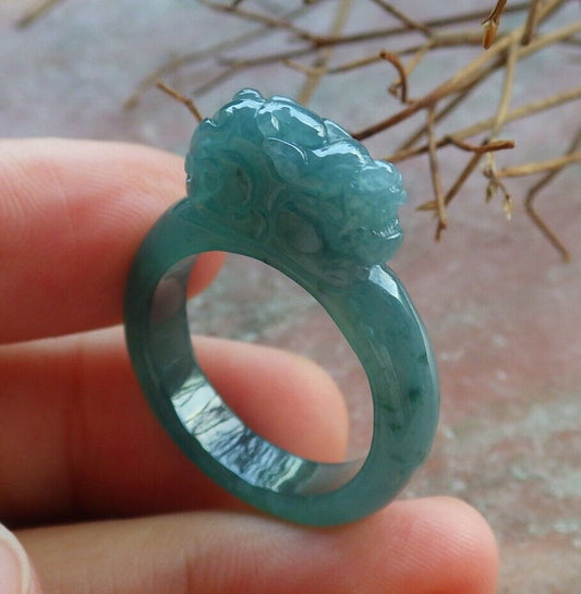 Certified Icy Green 100% Natural A JADE Jadeite Dragon Pi Xiu RING USA. 9.25 风水貔貅戒指 530032  TN