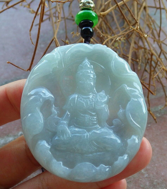 Certified Green Pale Lavender 100% Natural A Jade jadeite pendant Guanyin Kwan Yin Lotus Flower Necklace 观音 523705  TN