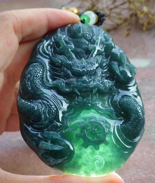 Certified Icy Green Burma 100% Natural A Jade jadeite Pendant Dragon Bead Necklace 生意兴隆 633320  TN