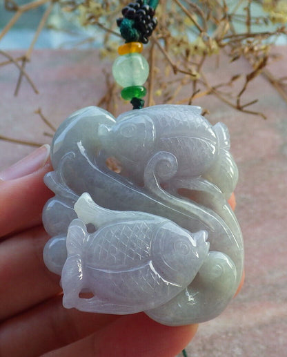 Certified Lavender Green Burma 100% Natural A Jade jadeite Pendant Fish Yuan Bao Necklace 年年有余 634285  TN
