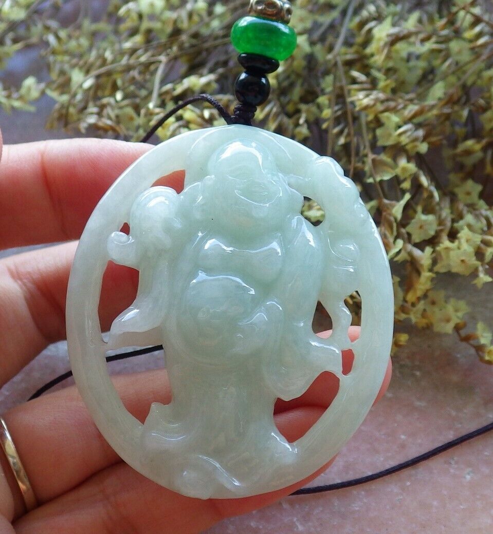 Certified Green 100% Natural A Jade jadeite pendant Happy Buddha God Ruyi Necklace 开心佛 523991  TN