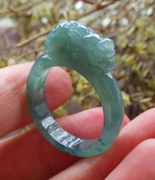 Certified Icy Green 100% Natural A JADE Jadeite Dragon Pi Xiu RING USA. 8.75 戒指 523786  TN