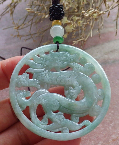 Certified Green Burma 100% Natural A Jade jadeite Pendant  Dragon Circle Necklace 生意兴隆 646443 TN