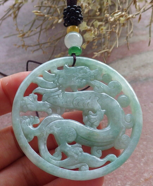 Certified Green Burma 100% Natural A Jade jadeite Pendant  Dragon Circle Necklace 生意兴隆 646443 TN
