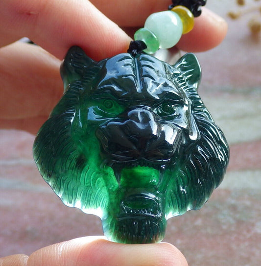 Certified Icy Blue Water Burma 100% Natural A Jade jadeite Pendant Tiger Necklace 虎虎生威 636028  TN