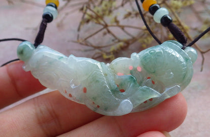 Certified Icy Green Burma 100% Natural A Jade jadeite Pendant Fish Lotus Leaf Necklace 年年有余 632943  TN