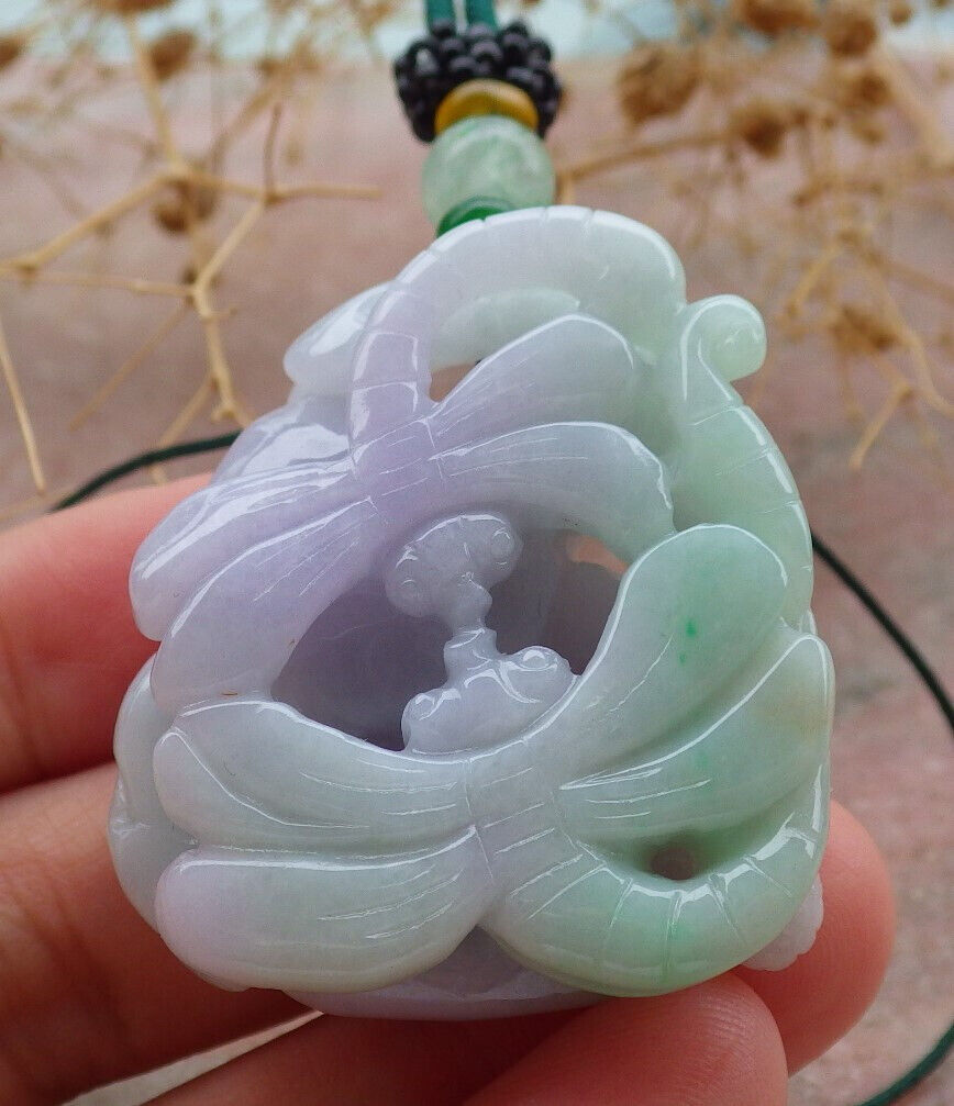 Certified Green Lavender Burma 100% Natural A  Jade jadeite Pendant Dragonfly Necklace 蜻蜓 636732  TN
