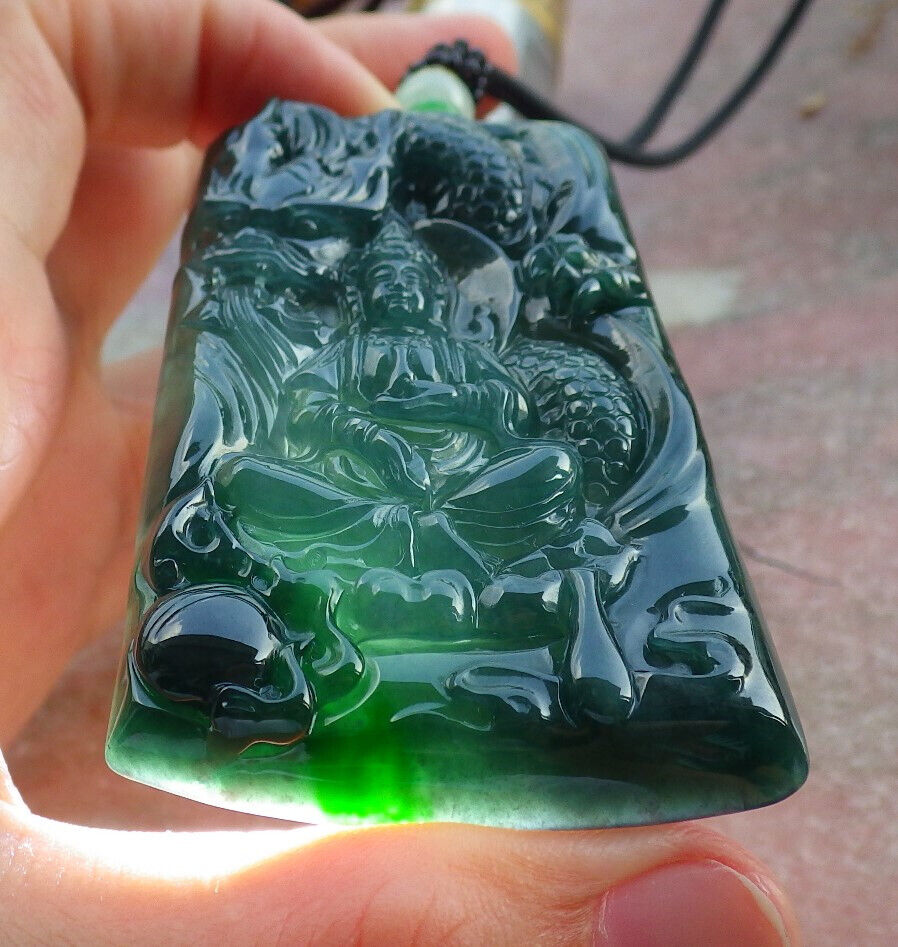 Certified Icy Green Burma 100% Natural A Jade jadeite Pendant Guanyin Kwan Yin Dragon Necklace 观音633224  TN
